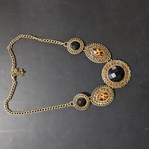 Antique Gold Tone Rhinestone Black and Tortoise Shell Color Statement Necklace
